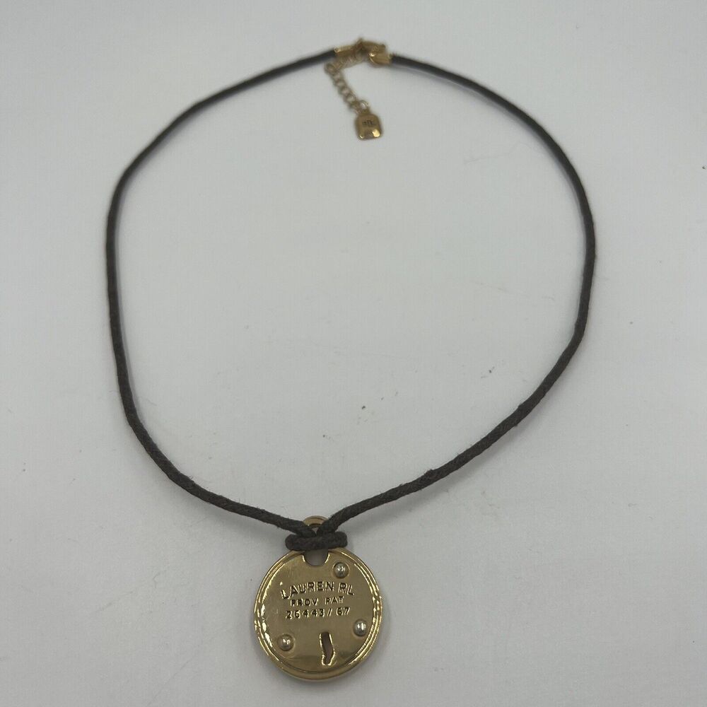 Vintage Ralph Lauren Lock Pendant Necklace Gold Tone Rustic Brown Cord 18"-20"